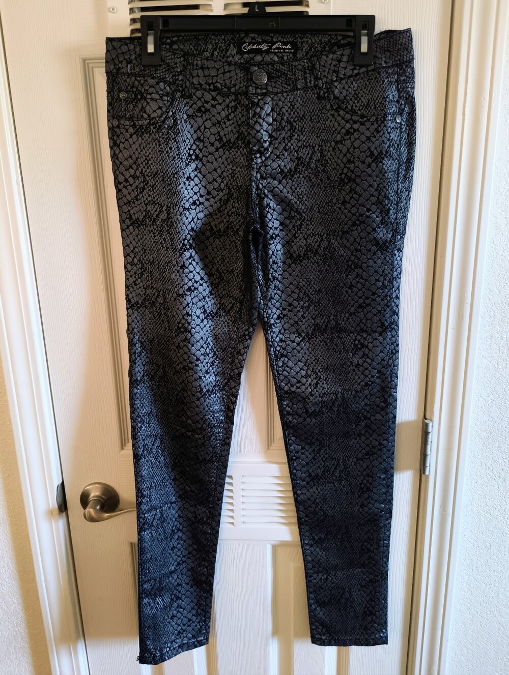 Celebrity Pink Shiny Black Snake Print Skinny Jeans